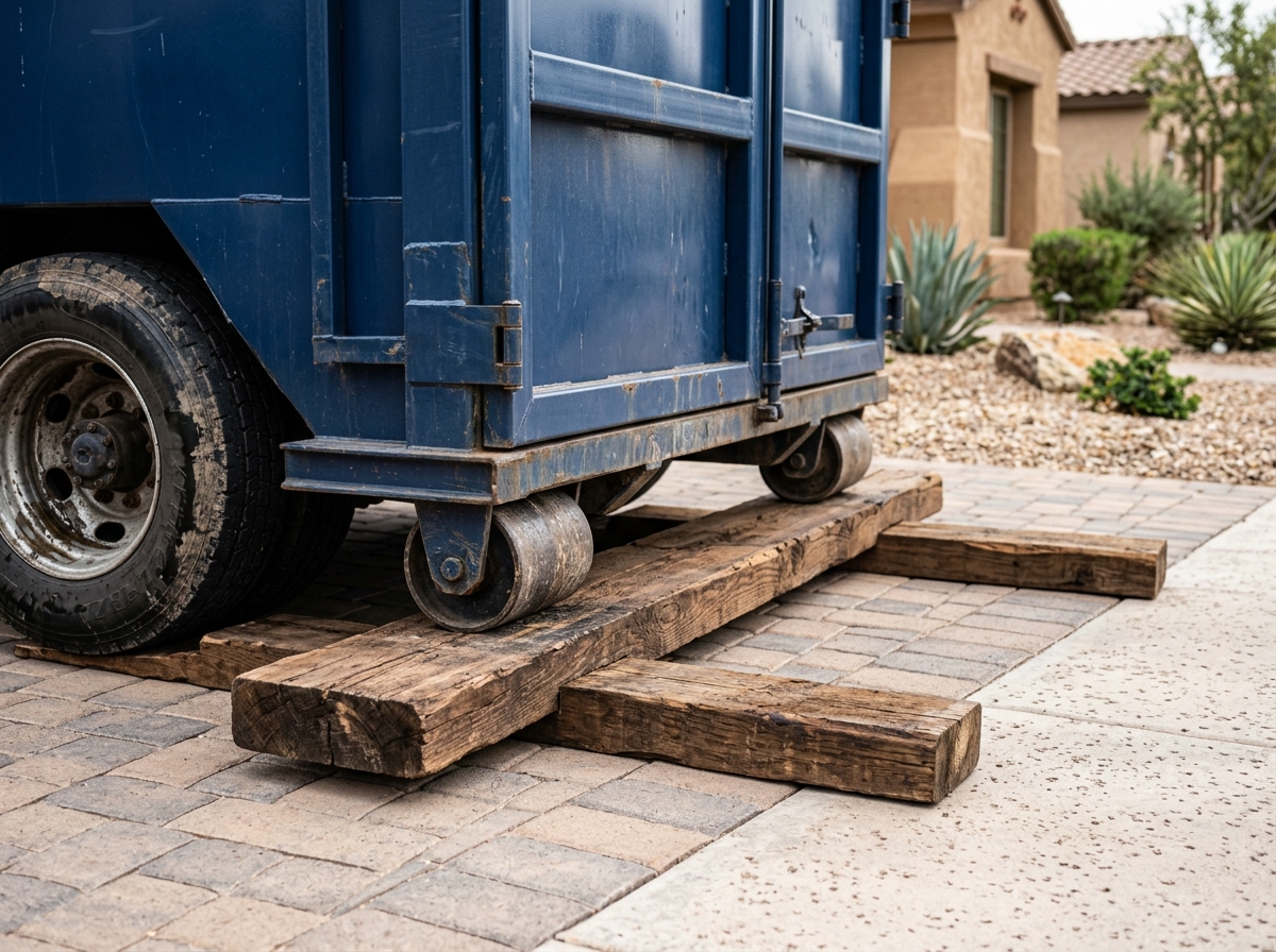 Hardwood driveway cushion system for roll-off dumpster protection in Scottsdale